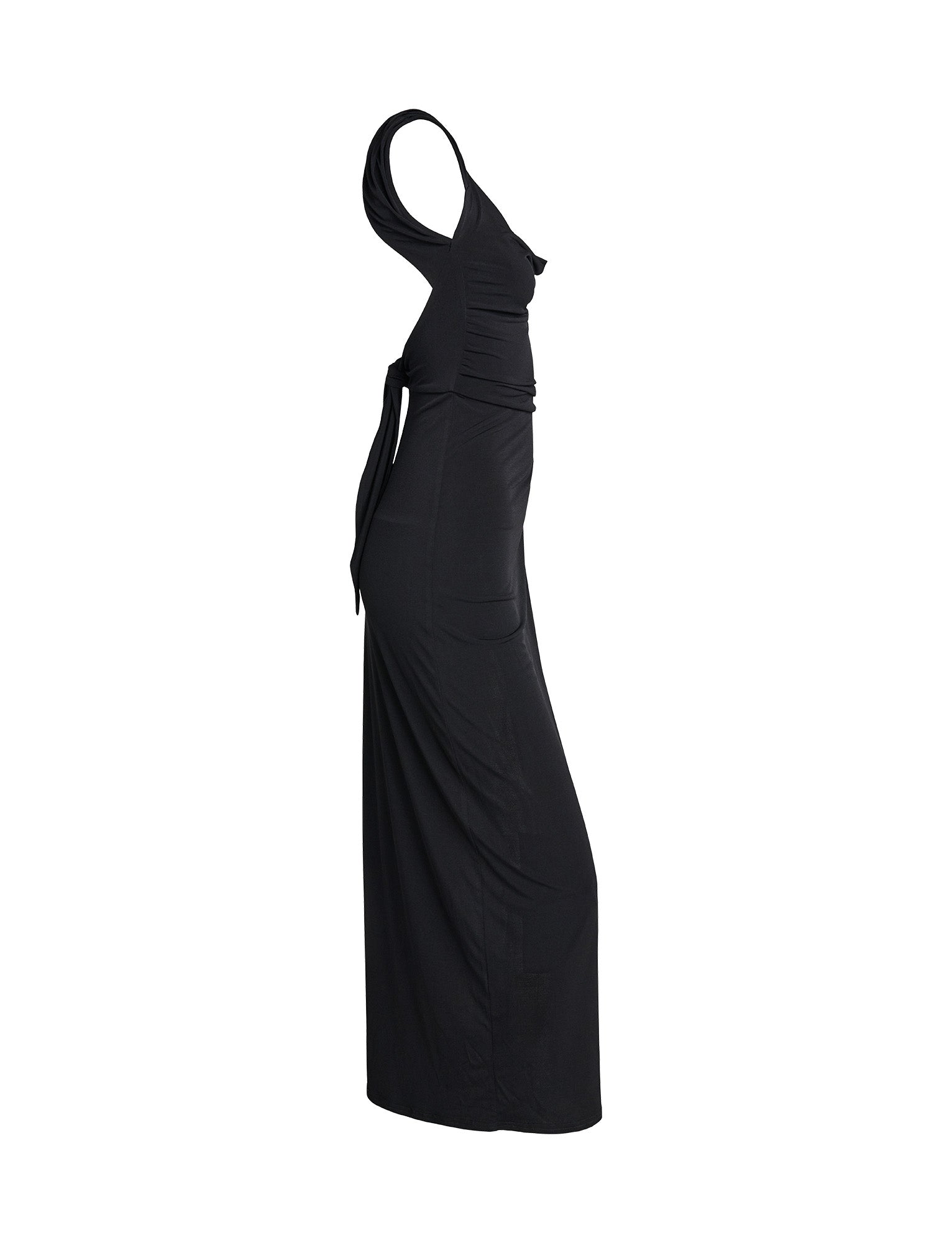 The JOSLIN MAXI DRESS - BLACK by TIGERMIST is displayed on a mannequin, viewed from the side. This sleeveless black dress features a fitted bodice that transitions into a long, flowing skirt. Crafted from smooth, slightly stretchy fabric, it offers a form-fitting silhouette.