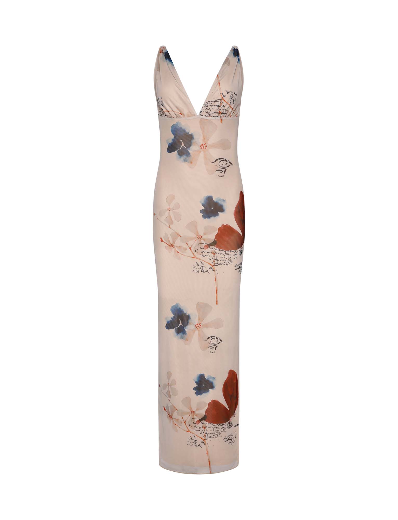 A woman stands against a textured grey wall, wearing the Percy Maxi Dress by Poppy Butterfly. The sleeveless, bodycon fit dress features a deep V-neckline and a side slit. The cream-colored maxi dress showcases a paisley print with blue and rust accents. Her blonde hair is styled in loose waves.
