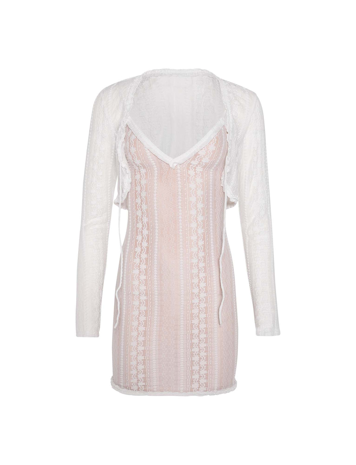 Here is a rewritten version using the provided product data:

The Sopha Two Piece Dress in white by TIGERMIST is a sheer, long-sleeved lace ensemble with a V-neckline. The dress showcases intricate patterns and includes a light pink slip underneath. Its delicate and elegant design makes it perfect for formal or evening occasions.