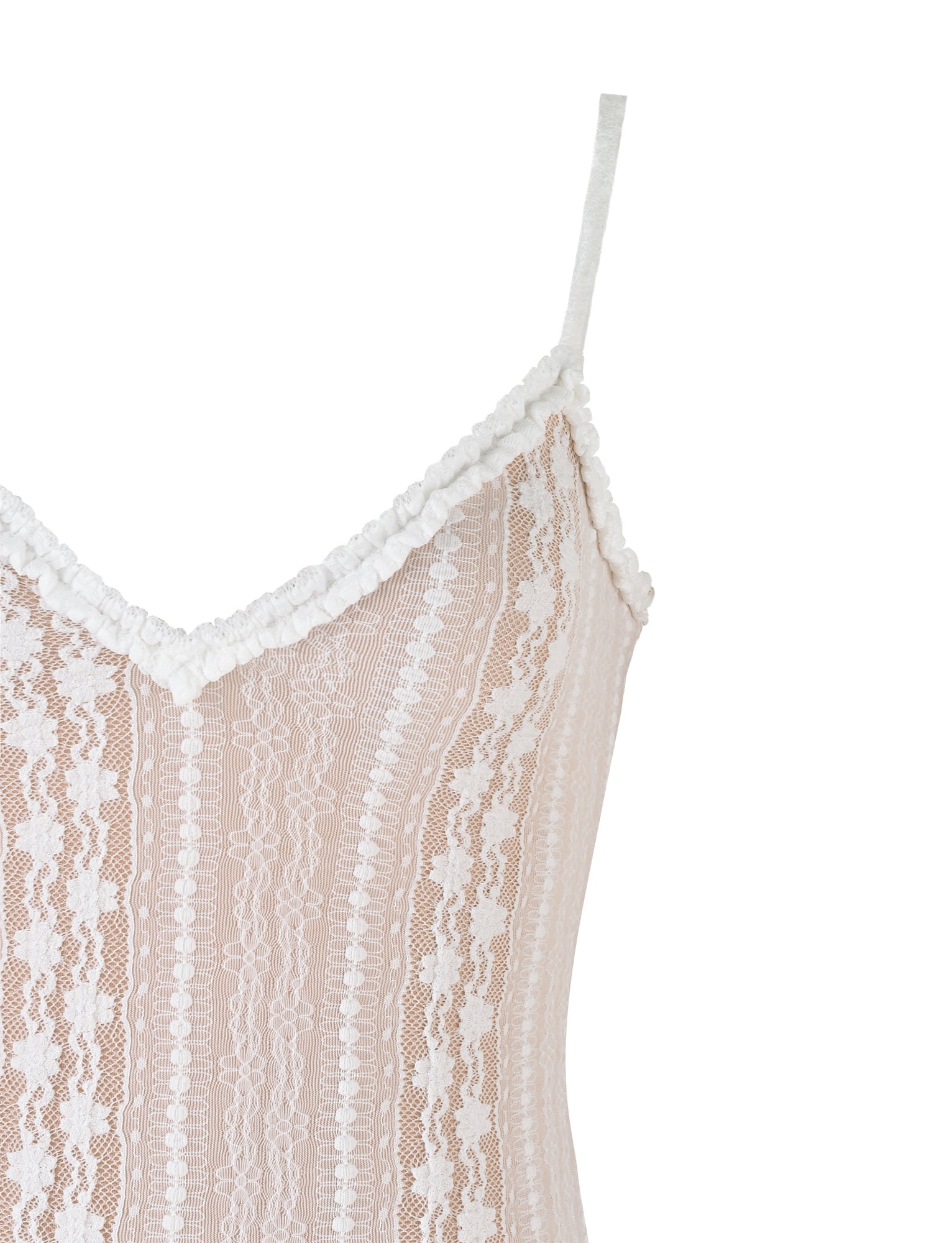 A close-up of the SOPHA TWO PIECE MAXI DRESS in white by TIGERMIST, highlighting its intricate and elegant lace texture. The delicate floral lace patterns, combined with thin spaghetti straps and an intricately adorned neckline, emphasize a romantic and feminine design.
