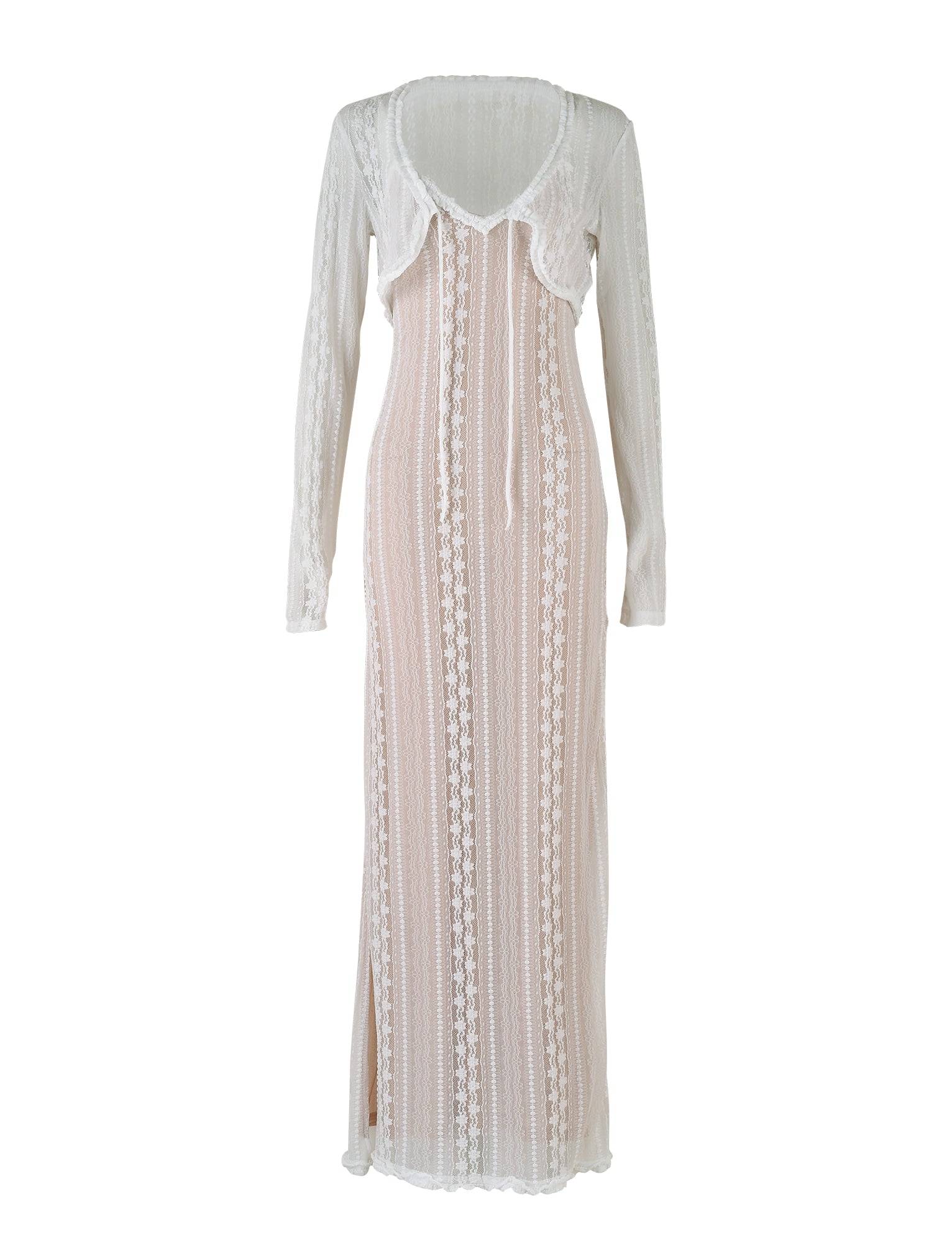 The Sopha Two Piece Maxi Dress in white from TIGERMIST features intricate lace detailing and a subtle vertical stripe pattern. This full-length dress has long sleeves, a scooped rounded neckline, and a fitted silhouette, accented with delicate floral lace trimming.