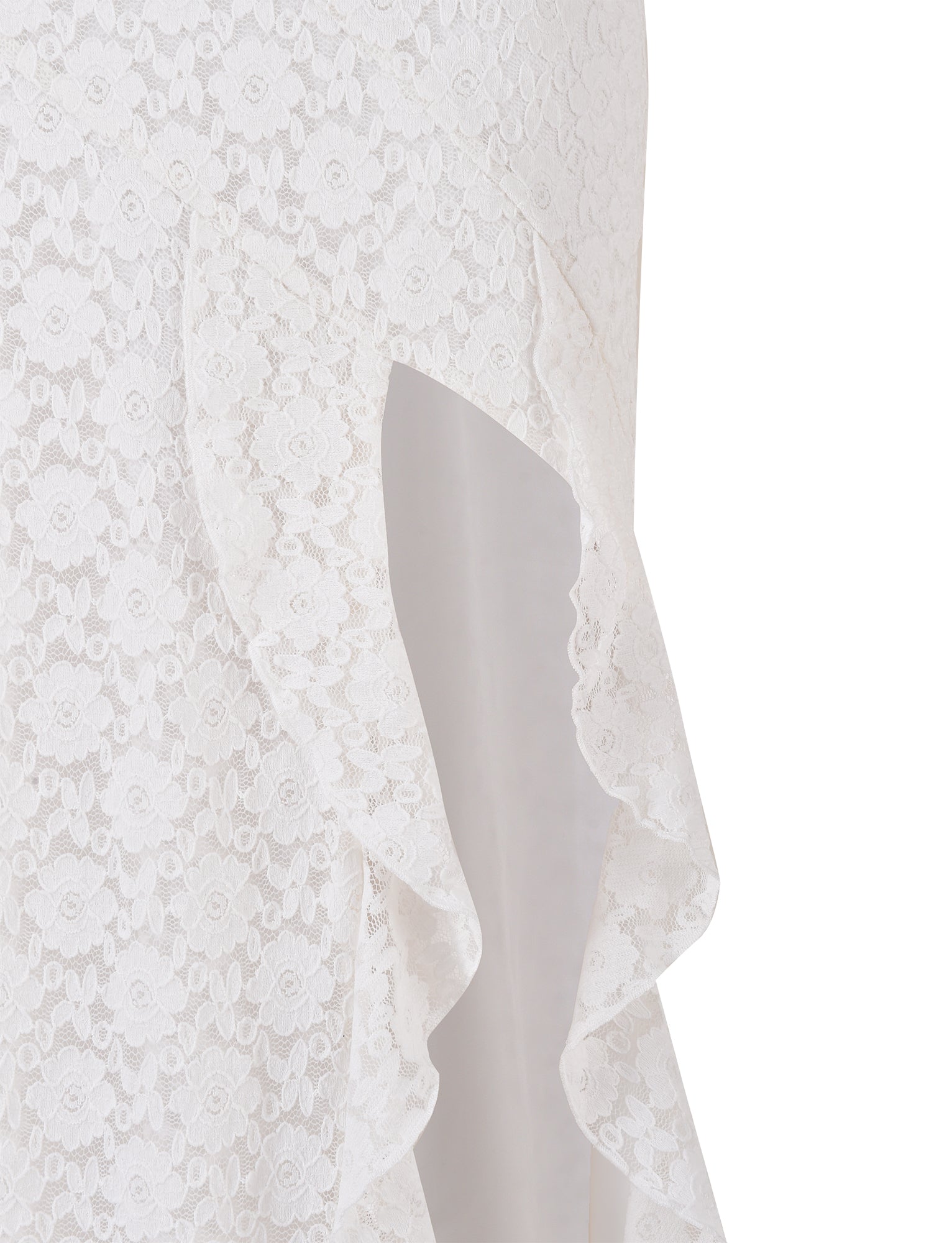 Close-up of the TIGERMIST THEO LACE MAXI DRESS in white, showcasing its intricate floral patterns and ruffled edge. The fabric has a sheer appearance with delicate detailing, giving it an elegant and feminine look.
