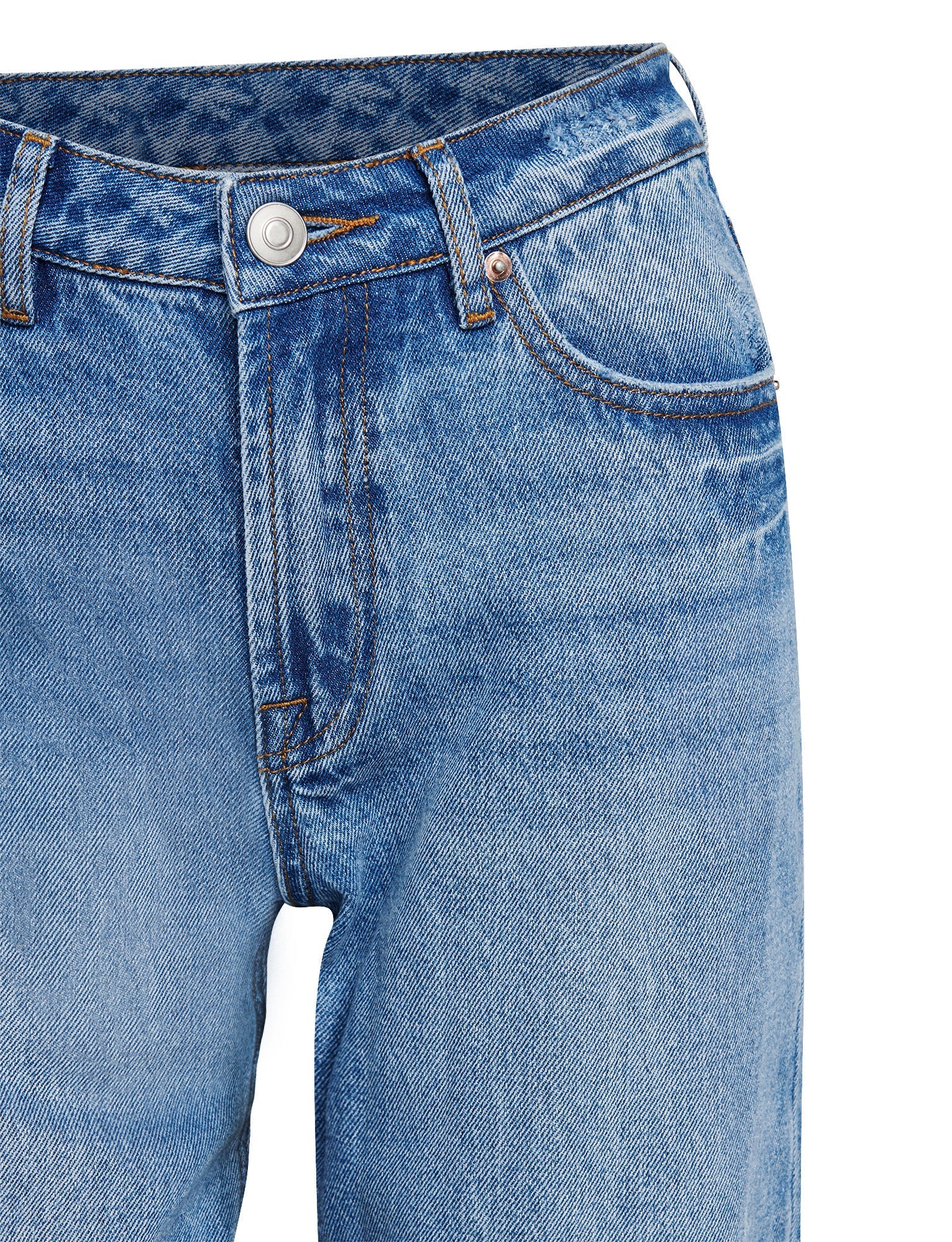 Close-up of the SACHA JEAN - MID BLUE by TIGERMIST, showcasing a classic design with a button closure, front pockets, and visible stitching. These high-waisted jeans offer a slightly faded texture for that worn-in look. The fabric ensures a relaxed straight leg fit that enhances both comfort and style.