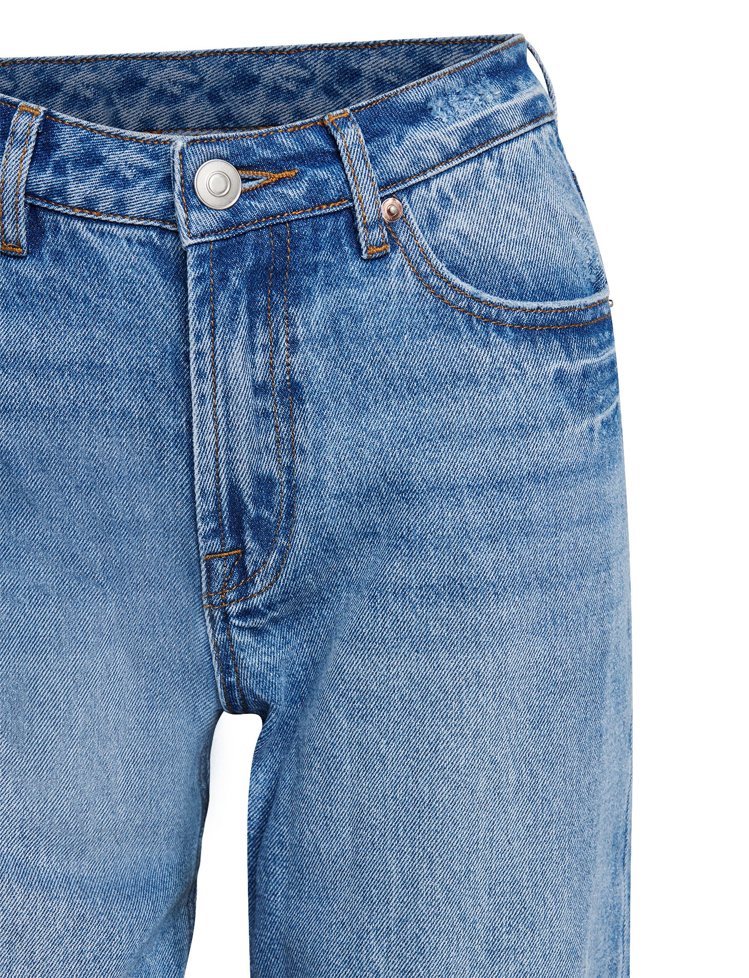 Close-up of the SACHA JEAN - MID BLUE by TIGERMIST, showcasing a classic design with a button closure, front pockets, and visible stitching. These high-waisted jeans offer a slightly faded texture for that worn-in look. The fabric ensures a relaxed straight leg fit that enhances both comfort and style.