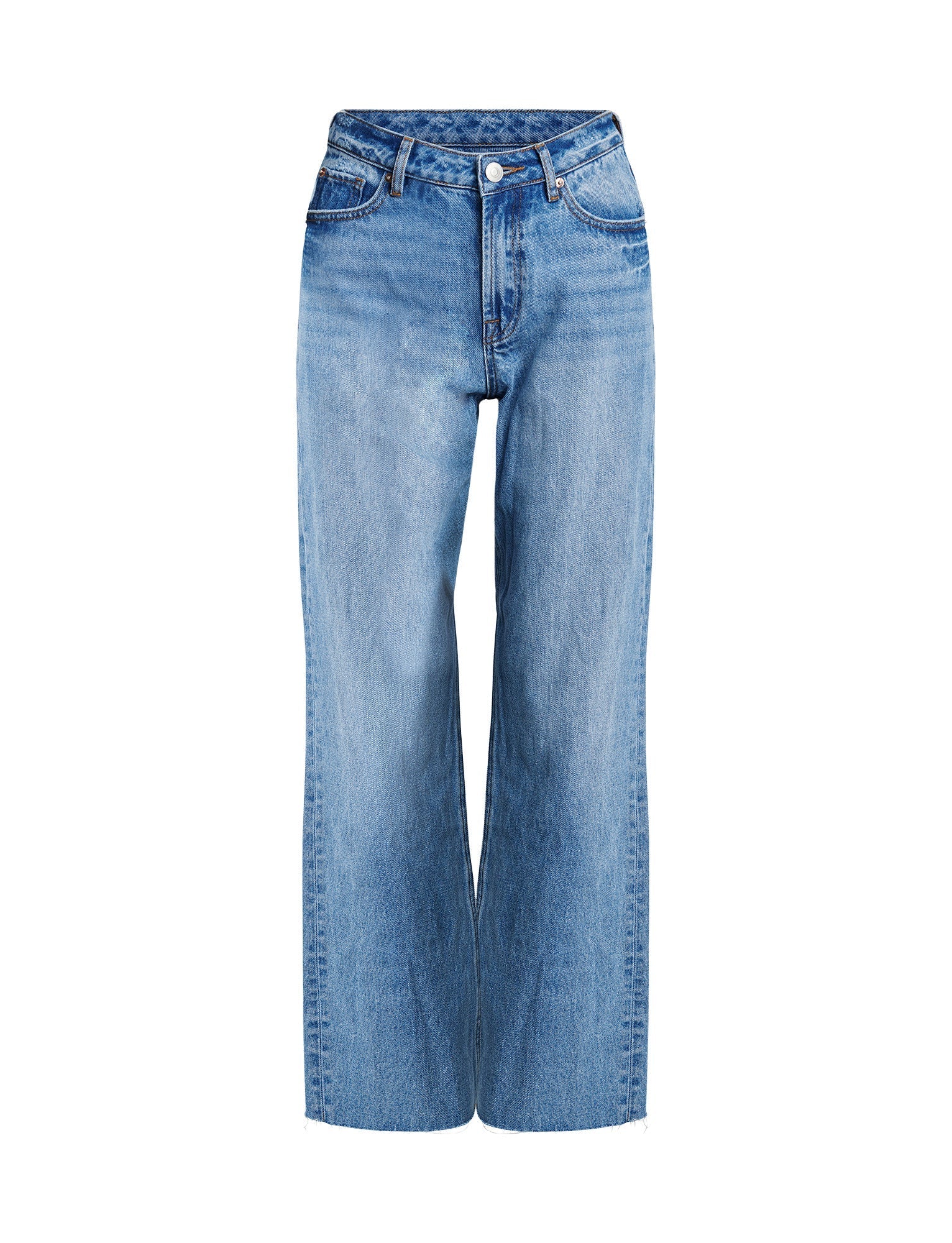 The SACHA JEAN - MID BLUE from TIGERMIST are high-waisted blue denim jeans with a relaxed straight leg and subtle thigh fading. They feature front and back pockets, a button, and a zip closure, with a light wash finish for a casual appearance.