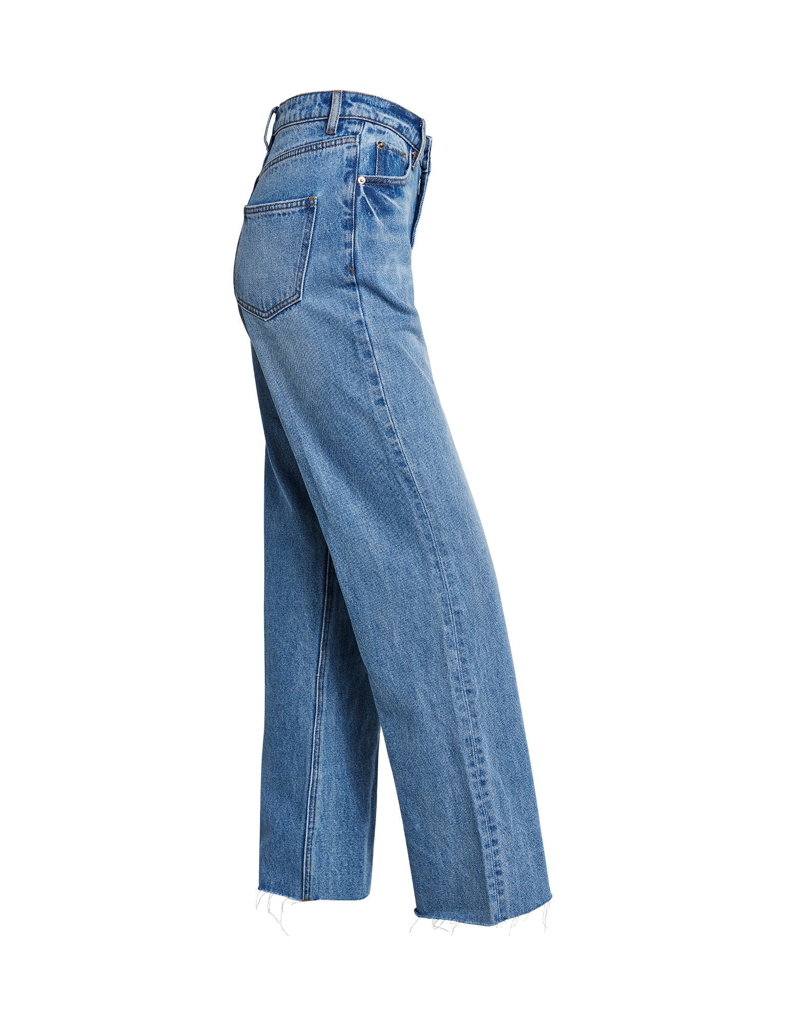 Introducing the TIGERMIST SACHA JEAN in Mid Blue: This pair of jeans features a relaxed straight leg with a high waist and raw hemline. The side view highlights visible stitching and a single back pocket, epitomizing casual style.